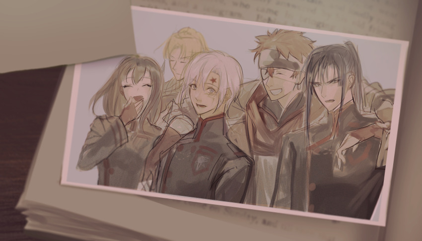 1girl 4boys absurdres allen_walker badge black_coat black_headband black_order_uniform blonde_hair blue_eyes blue_hair book closed_eyes coat d.gray-man earrings eyepatch facial_mark fingerless_gloves gloves green_hair grin group_picture hair_between_eyes hand_on_another&#039;s_shoulder hand_on_own_chin headband high_ponytail highres holding holding_book hoop_earrings howard_link jewelry kanda_yuu lavi lenalee_lee long_hair looking_at_another looking_at_viewer mibe_(goforit_mibe) military military_uniform multiple_boys one_eye_covered open_mouth orange_hair photo_(object) ponytail red_gloves red_scarf red_stripes scar scar_on_face scarf short_hair sidelocks smile star_(symbol) star_facial_mark striped_coat white_hair