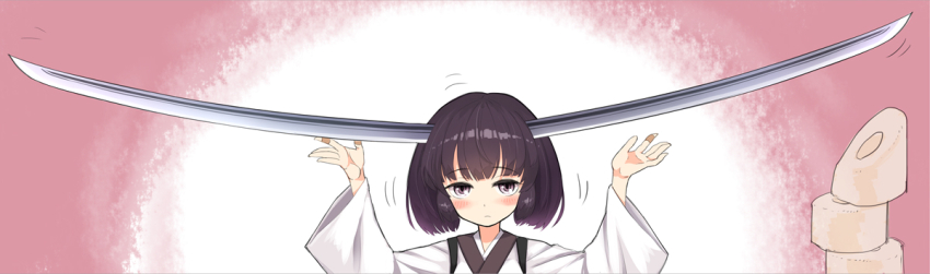 1girl alternate_headgear balancing bandaid bandaid_on_hand black_hair blush closed_mouth commentary_request hands_up headgear heavy japanese_clothes katana kimono kiritanpo_(food) long_sleeves looking_at_viewer pink_background purple_eyes samaru_(seiga) short_hair solo sword touhoku_kiritan voiceroid weapon white_background white_kimono