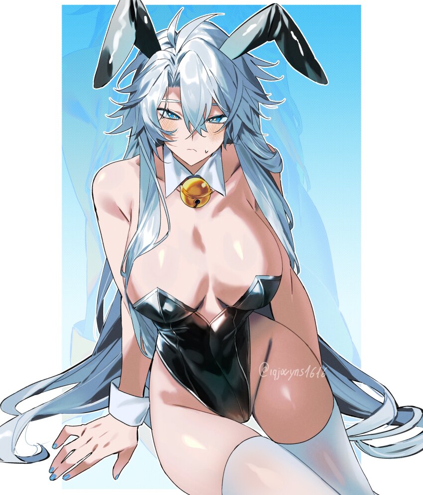 1girl absurdres animal_ears antenna_hair bell blue_eyes blue_nails blush breasts commentary detached_collar genderswap genderswap_(mtf) highres honkai:_star_rail honkai_(series) iqjwyns1616 large_breasts long_hair phainon_(honkai:_star_rail) playboy_bunny rabbit_ears simple_background sitting sleeve_cuffs sweatdrop thighs twitter_username very_long_hair white_hair