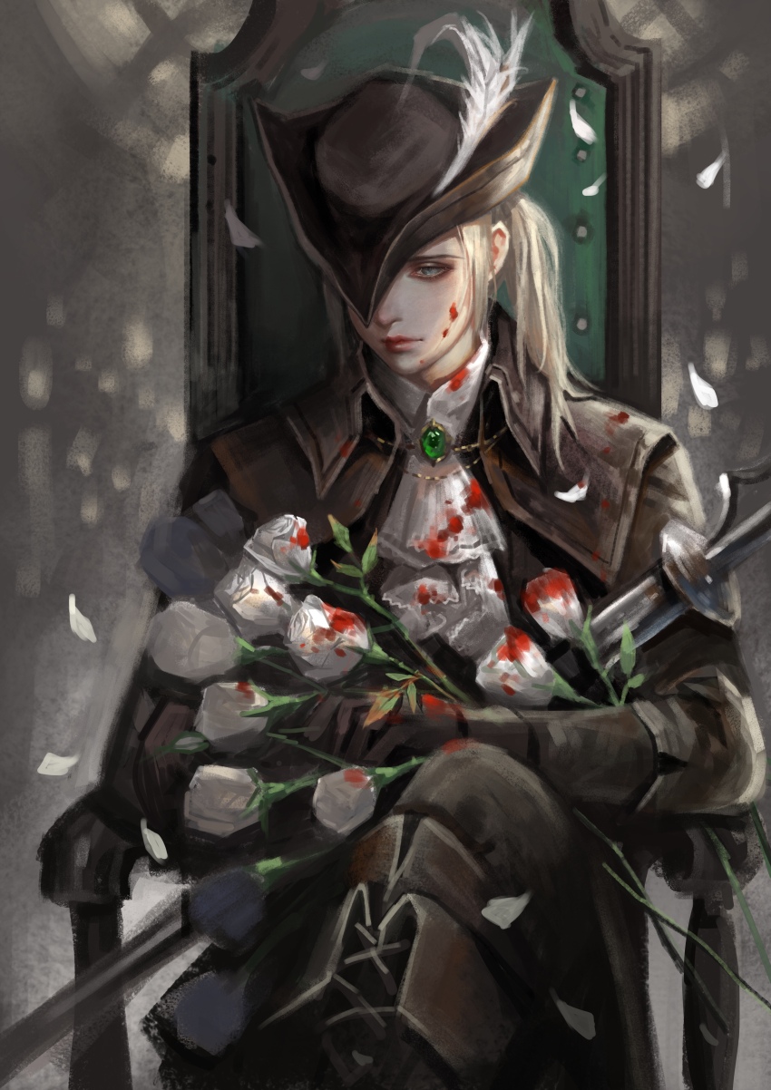 1girl absurdres ankle_lace-up arm_rest ascot blonde_hair blood blood_on_clothes blood_on_face blood_on_flower blood_on_hands blood_stain bloodborne boots brown_boots brown_gloves brown_jacket chair coat crossed_legs falling_petals flower gem gloves hat hat_feather hat_ornament highres holding jacket jiangweizh12345 lace-up_boots lady_maria_of_the_astral_clocktower leather leather_boots leather_gloves looking_at_viewer on_chair petals rose sitting solo sword tricorne weapon white_ascot white_flower white_rose wooden_chair