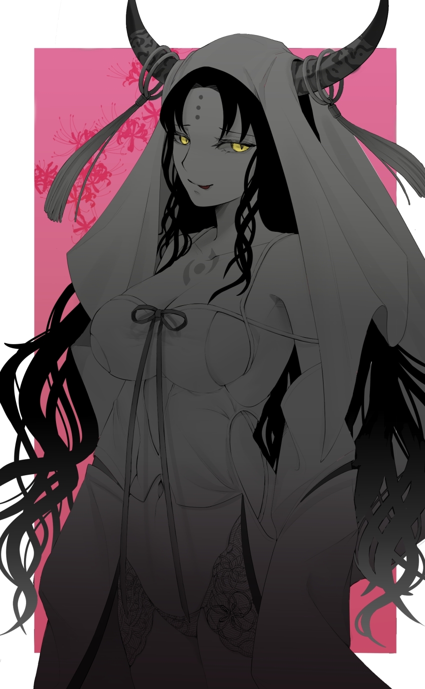 1girl absurdres arms_at_sides border breasts chest_tattoo cleavage commentary cowboy_shot cutout_above_navel dazhong_(g.marika) detached_sleeves dress dress_ribbon facial_mark fate/extra fate/extra_ccc fate/grand_order fate_(series) flower forehead_mark greyscale_with_colored_background highres hip_vent horn_ornament horn_ring horns large_breasts licking_lips long_hair long_sleeves looking_at_viewer monochrome navel outside_border panties parted_bangs pink_background pink_flower ribbon sessyoin_kiara sessyoin_kiara_(heaven&#039;s_hole) sessyoin_kiara_(third_ascension) sideboob sidelocks slit_pupils smile solo spider_lily spot_color tassel tattoo tongue tongue_out underwear veil very_long_hair wavy_hair white_border wide_sleeves yellow_eyes