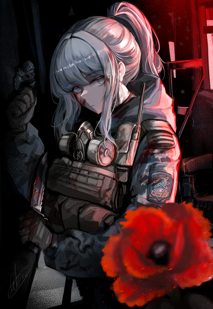 1girl absurdres arktic as_val assault_rifle blood blood_in_hair bloody_knife cowboy_shot face_filter flower gloves gun highres hood hood_down kalashnikov_rifle knife load_bearing_vest looking_at_viewer military_combat_uniform military_uniform original ponytail red_flower rifle serrated_knife sidelocks solo stalker_(game) unworn_headgear weapon white_hair