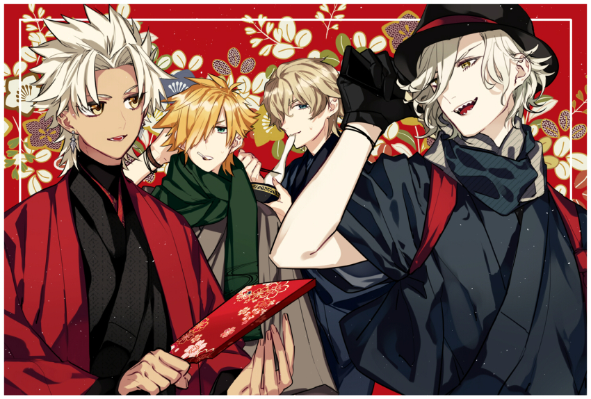 4boys alternate_costume amakusa_shirou_(fate) arm_up black_gloves black_hat black_kimono black_scarf blonde_hair blue_eyes border bowl chopsticks cross-shaped_pupils dark-skinned_male dark_skin earrings eating edmond_dantes_(fate) fate/grand_order fate_(series) floral_background food gawain_(fate) gloves green_eyes green_scarf grey_kimono hagoita hair_between_eyes hair_over_one_eye hand_on_own_head haori hat holding holding_bowl holding_chopsticks japanese_clothes jewelry kimono long_sleeves looking_at_another looking_at_viewer male_focus mochi mochi_trail mouth_hold multiple_boys open_mouth paddle red_background robin_hood_(fate) scarf sharp_teeth short_hair simple_background smile sweat symbol-shaped_pupils syubare tasuki teeth turtleneck undershirt white_border white_hair yellow_eyes