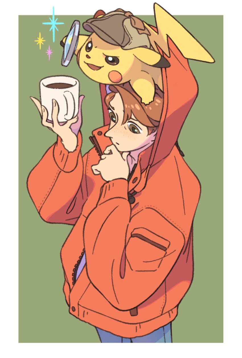 1boy border brown_eyes brown_hair clothed_pokemon commentary_request cup deerstalker detective_pikachu_(character) detective_pikachu_(game) detective_pikachu_(series) detective_pikachu_returns fujimoto_gold gen_1_pokemon hand_on_own_chin hat highres holding holding_cup holding_magnifying_glass hood hoodie magnifying_glass male_focus nintendo outside_border pikachu pokemon sparkle tim_goodman white_border