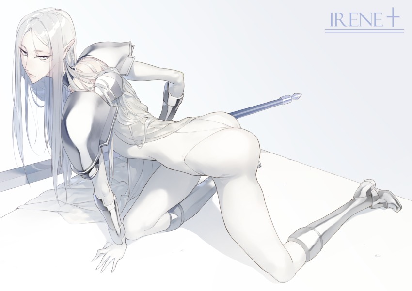 1girl armor armored_boots ass bad_id bad_pixiv_id bodysuit boots cape character_name choker claymore_(series) claymore_(sword) cloak closed_mouth commentary expressionless female_focus full_body greaves grey_eyes highleg highleg_leotard highres holding holding_sword holding_weapon irene knee_boots kneeling leotard long_hair looking_at_viewer on_floor parted_bangs pauldrons pointy_ears shoulder_armor silver_cape silver_hair solo sword thong thong_leotard tonito tsurime vambraces weapon white_bodysuit white_leotard