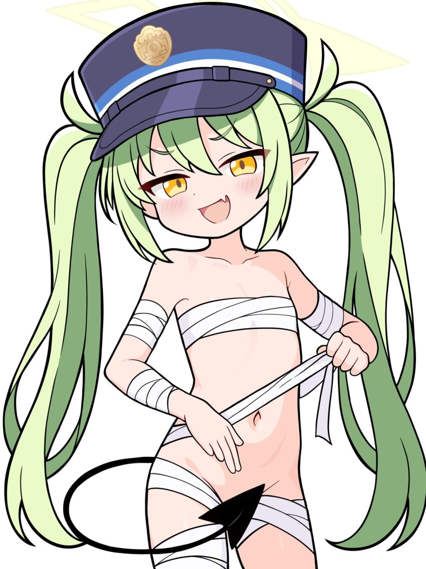 1girl bandaged_arm bandaged_chest bandaged_leg bandages blue_archive blue_hat breasts chest_sarashi collarbone convenient_censoring demon_girl demon_tail fang green_hair halo hat highres loli long_hair looking_at_viewer naked_bandage navel nozomi_(blue_archive) open_mouth pointy_ears sarashi shishiejo_(sisieho1) skin_fang small_breasts smile solo tail twintails very_long_hair yellow_eyes