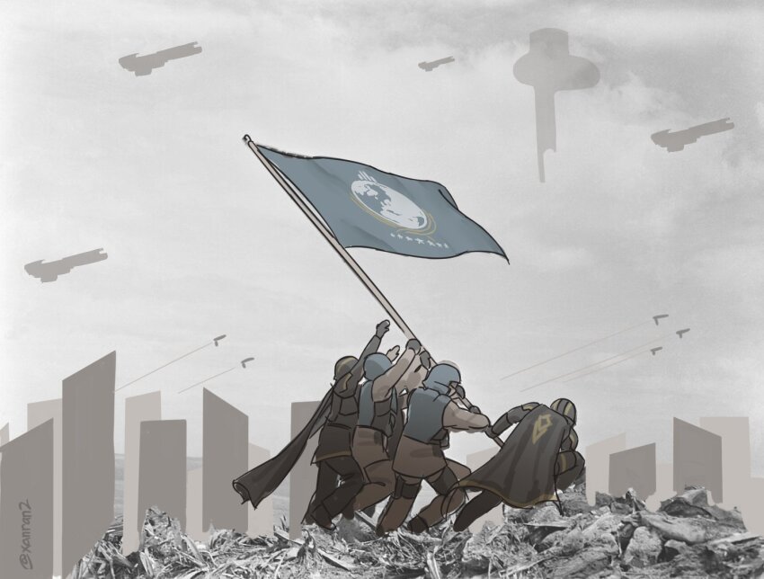 aircraft airplane ambiguous_gender armor artist_name bulletproof_vest cityscape fighter_jet flag grey_background helldiver_(helldivers) helldivers_(series) helmet military_uniform military_vehicle multiple_boys raising_the_flag_on_iwo_jima rubble seaf_soldier_(helldivers) spacecraft xanran