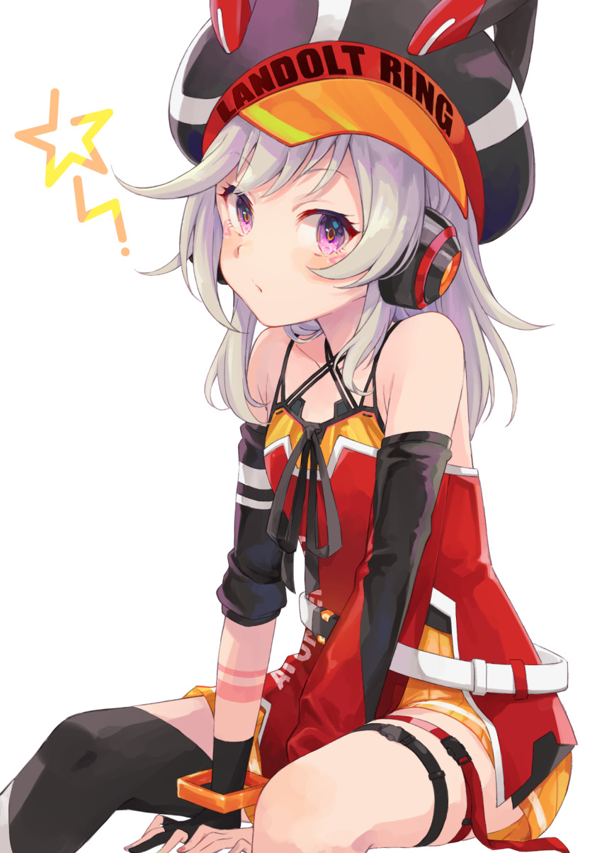 1girl arm_warmers bare_shoulders black_gloves blonde_hair closed_mouth commentary_request facial_mark fingerless_gloves gloves hat headphones highres komori_met komori_met_(1st_costume) looking_at_viewer orange_eyes shirana_tamana sitting solo star_(symbol) thigh_strap virtual_youtuber vspo! white_background