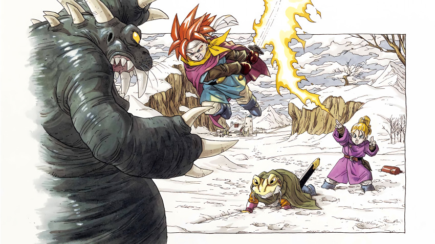 1girl 3boys absurdres baggy_pants belt blonde_hair blue_boots blue_eyes blue_tunic boots brown_belt brown_gloves brown_shirt cape character_request chrono_trigger claws coat crono_(chrono_trigger) frog_(chrono_trigger) frog_boy gloves green_cape highres long_coat marle_(chrono_trigger) monster multiple_boys non-web_source official_art open_mouth pants purple_cape purple_coat red_hair sharp_teeth shirt spiked_hair teeth toriyama_akira tunic white_pants
