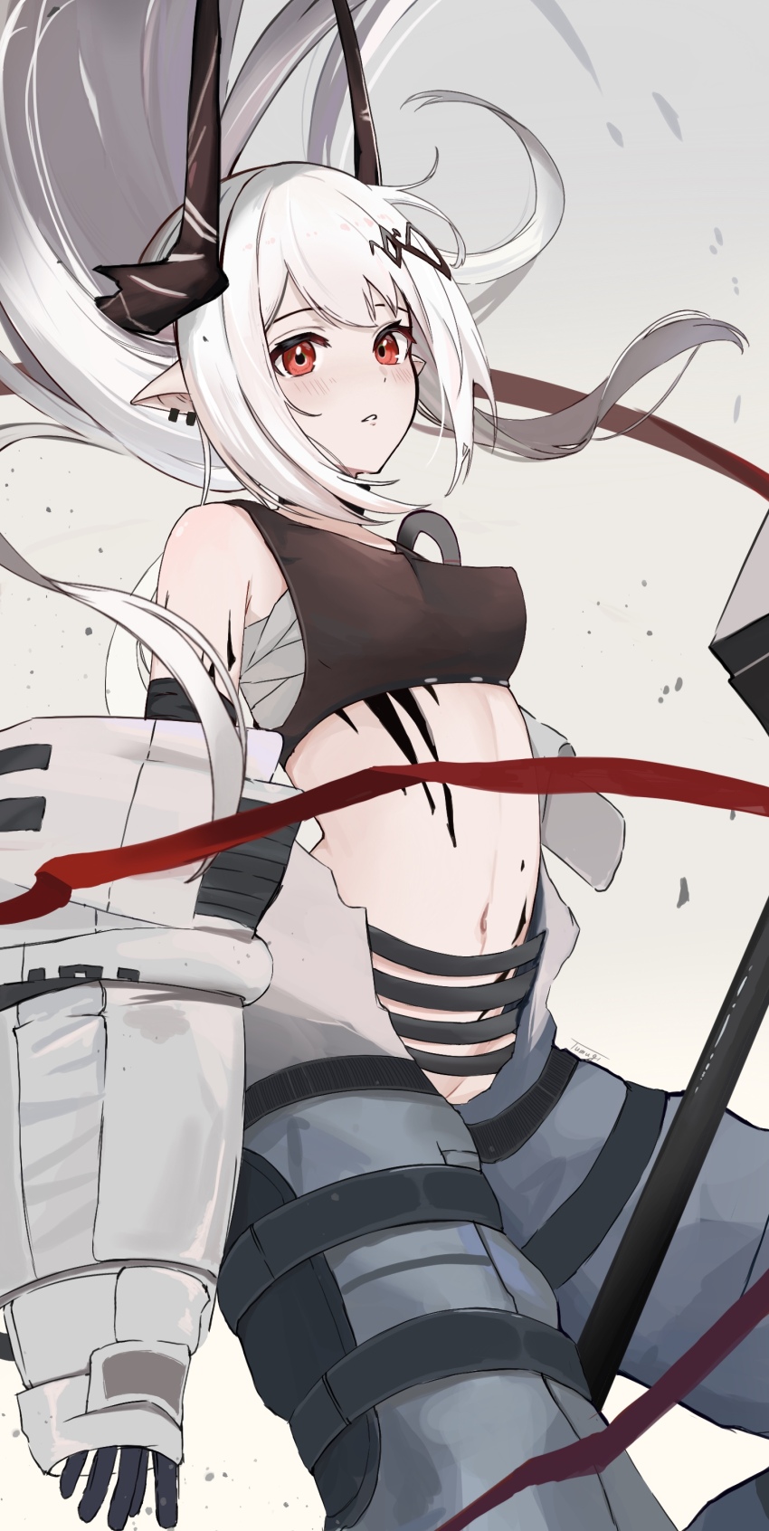 1girl absurdres arknights bare_shoulders blush breasts brown_horns brown_sports_bra chest_sarashi commentary covered_erect_nipples crop_top ear_piercing floating_hair grey_background groin highres horns long_hair looking_at_viewer material_growth medium_breasts mudrock_(arknights) mudrock_(elite_ii)_(arknights) navel off_shoulder oripathy_lesion_(arknights) parted_lips piercing pointy_ears red_eyes sarashi solo sports_bra tumugi_sunohara white_hair