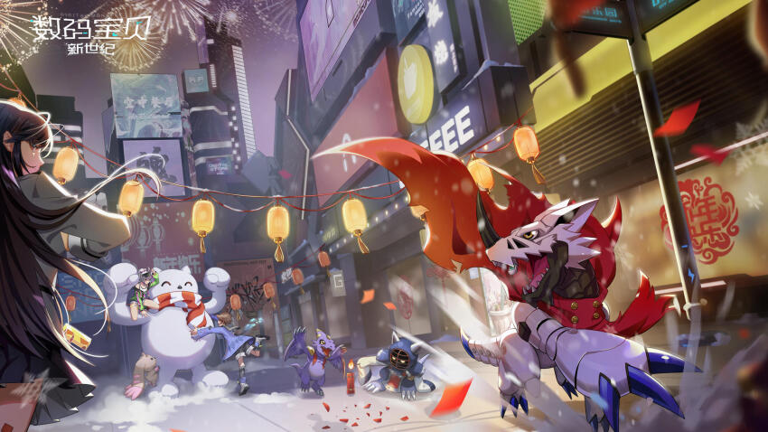 aragaki_youko cape claws digimon digimon_new_century hackmon_(digimon) highres horns hyuuga_kaoru kanzaki_ai kotemon long_hair lopmon monodramon official_art sharp_teeth snowing teeth yellow_eyes yukidarumon