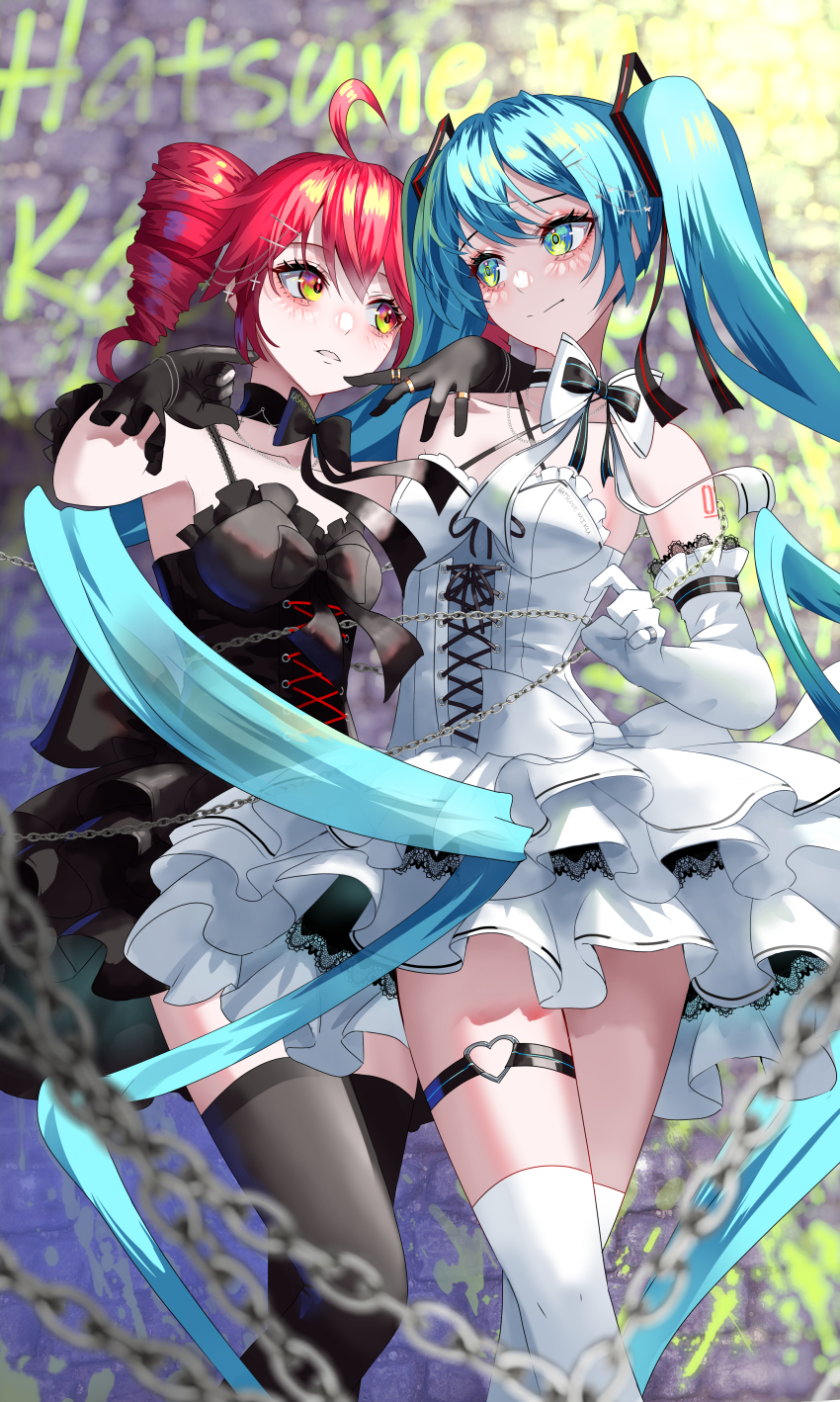 2girls absurdres ahoge aqua_eyes aqua_hair bare_shoulders black_dress black_gloves black_thighhighs breasts chain cleavage detached_collar dress drill_hair elbow_gloves frilled_dress frills gloves hatsune_miku highres kasane_teto long_hair looking_at_another medium_breasts multiple_girls red_hair thigh_strap thighhighs twin_drills utau very_long_hair vocaloid white_dress white_gloves white_thighhighs yellow_eyes yusuke_(shiota)