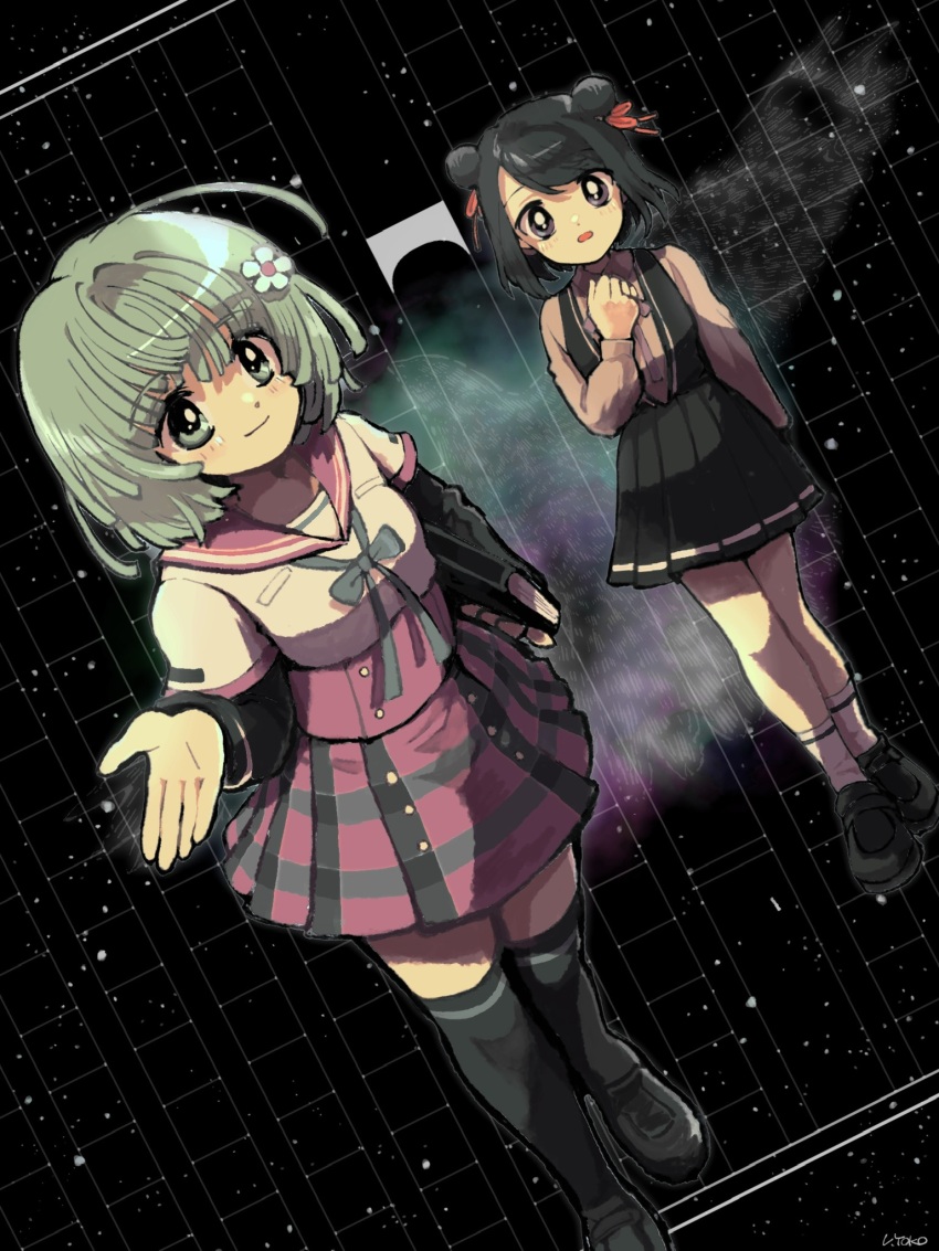 2girls ankle_socks aqua_ribbon arm_at_side black_dress black_footwear black_hair black_sleeves black_thighhighs blush breast_pocket buttons clenched_hand collared_shirt dress flower full_body green_eyes green_hair hair_bun hair_flower hair_ornament hand_on_own_chest highres kamihama_university_affiliated_school_uniform kuroe_(madoka_magica) layered_sleeves long_sleeves magia_record:_mahou_shoujo_madoka_magica_gaiden mahou_shoujo_madoka_magica miniskirt multiple_girls natsume_kako neck_ribbon plaid_clothes plaid_skirt pleated_dress pleated_skirt pocket purple_eyes purple_ribbon reaching reaching_towards_viewer red_ribbon red_sailor_collar red_skirt retro_artstyle ribbon sailor_collar school_uniform second-party_source serafuku shirt short_dress short_hair short_over_long_sleeves short_sleeves side_up_bun signature skirt sky smile socks star_(sky) starry_sky swept_bangs textless_version thighhighs uwded_207 white_flower white_shirt white_socks