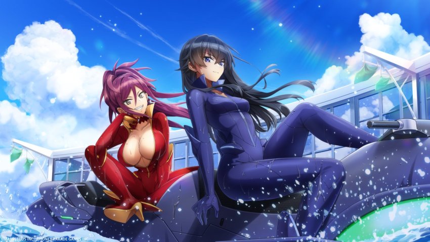 2girls black_hair blue_bodysuit bodysuit breasts cleavage cloud copyright_notice cross cross_earrings dolphin_wave earrings hagane_otsuki highres jet_ski jewelry kurenashi_yuuri multiple_girls official_art open_bodysuit open_clothes ponytail purple_hair red_bodysuit sharp_teeth teeth water watercraft