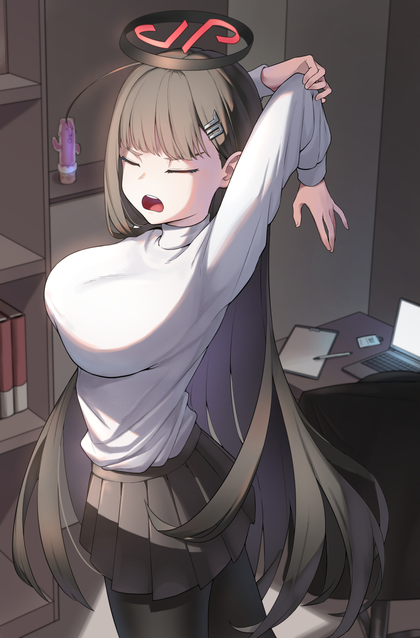 1girl :o absurdres ahoge arms_behind_head black_hair black_pantyhose black_skirt blue_archive blunt_bangs bookshelf clipboard closed_eyes commentary_request computer desk hair_ornament hairclip halo haniwa_(statue) highres id_card indoors laptop long_hair long_sleeves pantyhose paper pen pleated_skirt police_riot_(artist) rio_(blue_archive) shirt sidelocks skirt solo stretching turtleneck turtleneck_shirt twisted_torso white_shirt