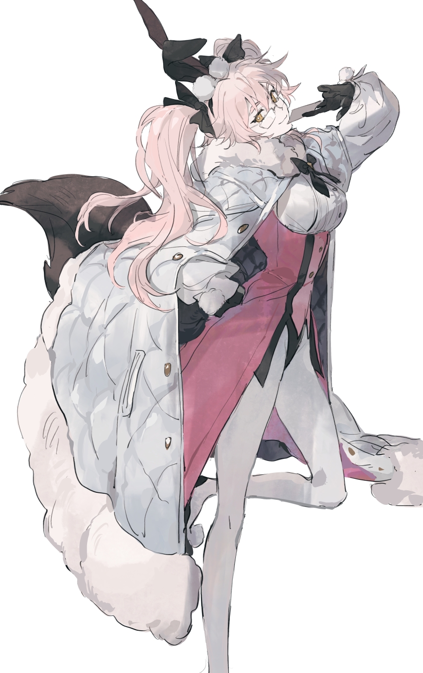 1girl absurdres animal_ears black_gloves breasts brown_eyes cape card closed_mouth fake_animal_ears fate/grand_order fate_(series) fox_tail fur-trimmed_cape fur_collar fur_trim glasses gloves hair_between_eyes hand_on_own_hip highres holding holding_card koyanskaya_(assassin)_(second_ascension)_(fate) koyanskaya_(fate) long_hair long_sleeves looking_at_viewer medium_breasts mimulishizi pantyhose pink_hair rabbit_ears simple_background smile solo standing standing_on_one_leg tail tamamo_(fate) twintails very_long_hair white_background white_cape white_pantyhose white_sleeves