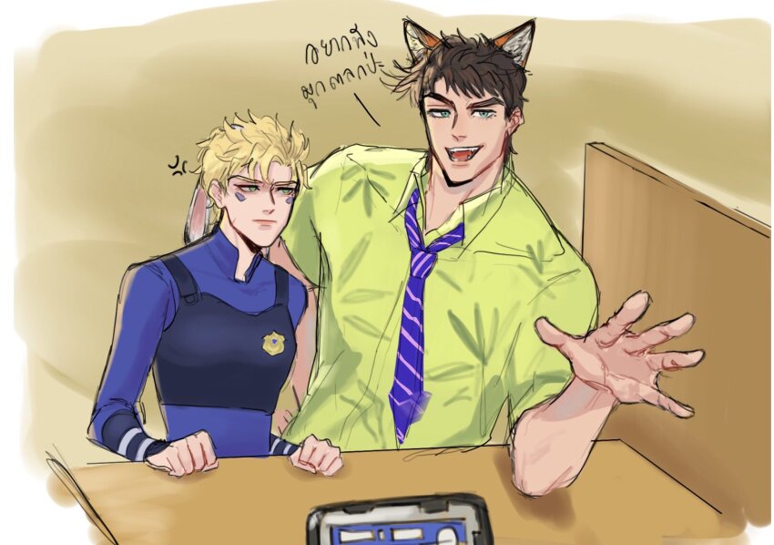 1boy 1girl anger_vein animal_ears battle_tendency blue_shirt brown_hair caesar_anthonio_zeppeli closed_mouth collared_shirt cosplay dress_shirt facial_mark fox_ears genderswap genderswap_(mtf) green_eyes highres indoors jojo_no_kimyou_na_bouken joseph_joestar joseph_joestar_(young) judy_hopps judy_hopps_(cosplay) long_sleeves looking_at_another minggiijwinjsj necktie nick_wilde nick_wilde_(cosplay) open_mouth police police_uniform policewoman rabbit_ears shirt short_hair smile striped_neckwear zootopia