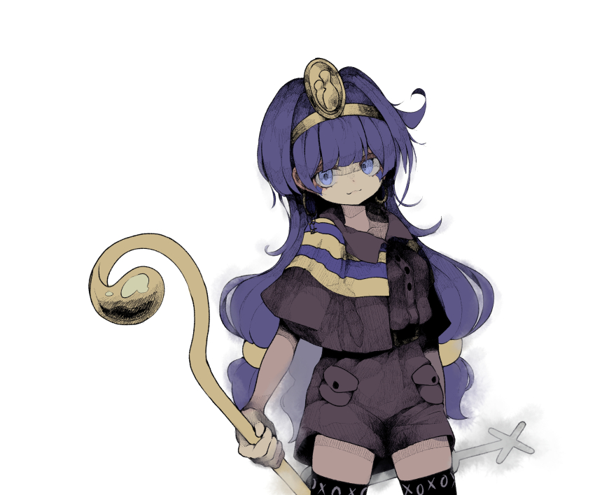1girl :3 absurdres ayang black_shirt black_shorts black_thighhighs blue_eyes blue_hair buttons closed_mouth commentary cowboy_shot earrings hairband highres holding holding_scepter hoop_earrings jewelry long_hair low-tied_long_hair michigami_nareko scepter shirt short_sleeves shorts simple_background smile solo thighhighs touhou white_background yellow_hairband