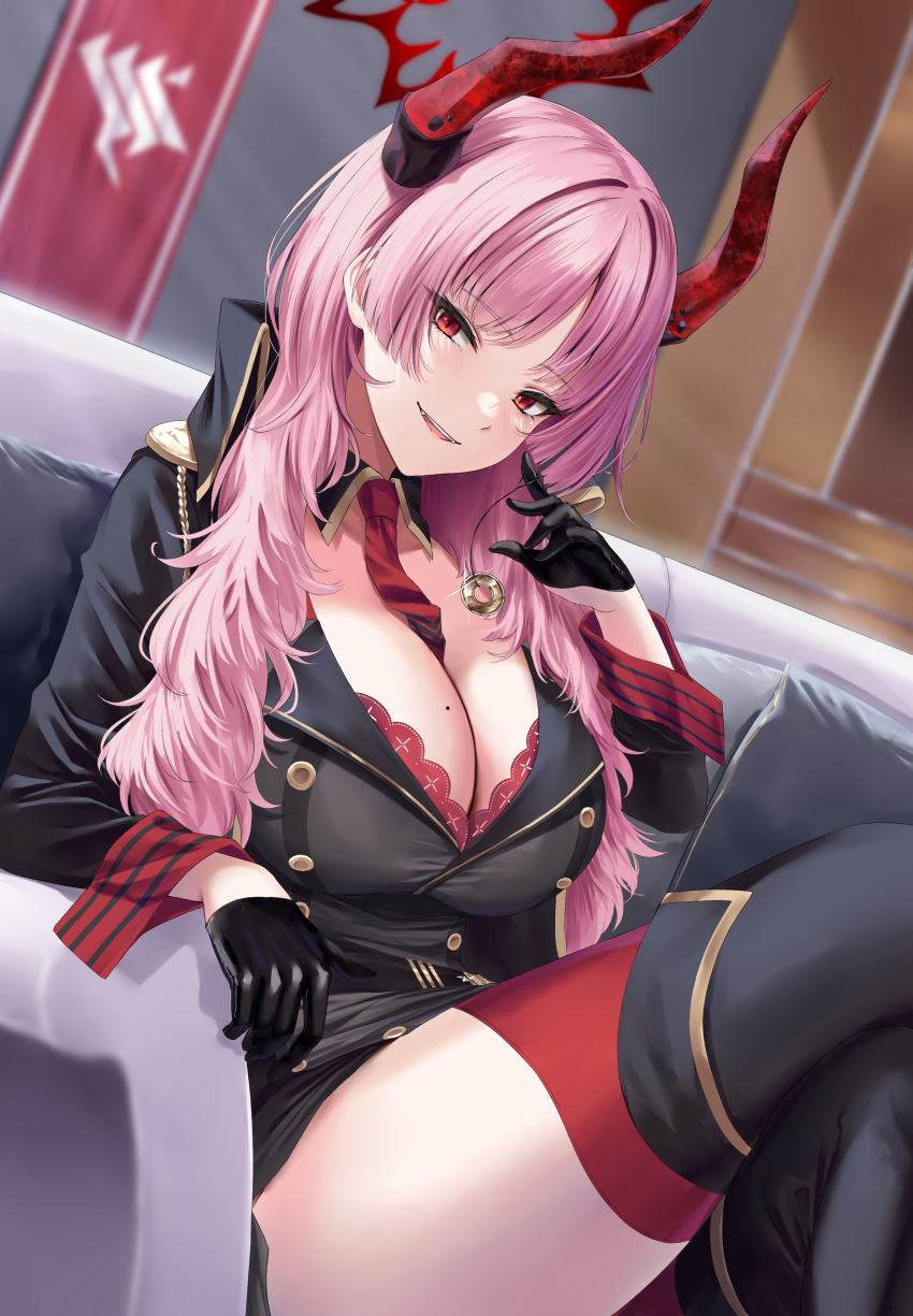 1girl absurdres black_boots black_gloves black_jacket black_skirt blue_archive blunt_sidelocks boots breasts cleavage crossed_legs demon_girl demon_horns detached_collar gloves highres holding holding_pendulum horns jacket large_breasts long_hair looking_at_viewer mole mole_on_breast necktie parted_bangs pendulum pink_hair rama_(yu-light8) red_eyes red_garter_straps red_necktie red_thighhighs satsuki_(blue_archive) sidelocks sitting skirt solo thigh_boots thighhighs