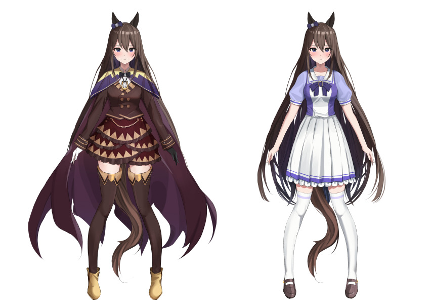 absurdres animal_ears blue_eyes bow brown_hair closed_mouth deep_impact_(umamusume) ear_bow ear_ornament full_body highres horse_ears horse_girl horse_tail horseshoe_ornament long_hair medal purple_eyes sailor_collar sailor_shirt school_uniform shirt standing tail tracen_school_uniform umamusume v_a_i_r very_long_hair white_background
