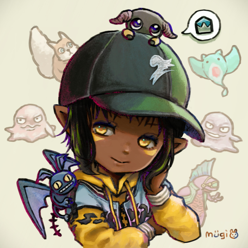 1girl baseball_cap black_hair black_hat brown_background closed_mouth cropped_torso dark-skinned_female dark_skin eyebrows_hidden_by_hair final_fantasy final_fantasy_xiv flat_chest gameplay_mechanics gimme_cat hand_on_own_cheek hand_on_own_face hat highres jacket lalafell looking_to_the_side manta_ray mugi_(shrimpi_mugi) multicolored_hair pointy_ears signature simple_background slime_(creature) solo spoken_symbol squirrel streaked_hair warrior_of_light_(ff14) yan_(final_fantasy) yellow_eyes yellow_jacket