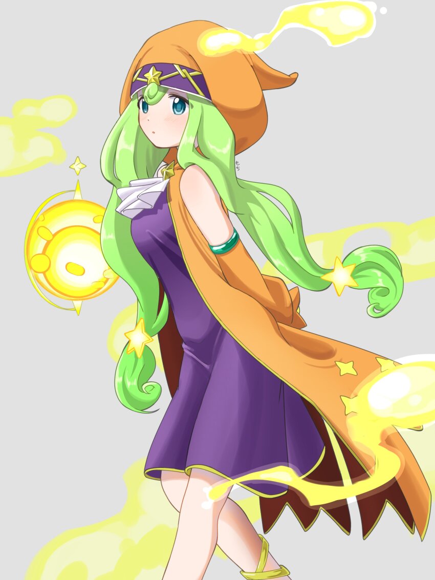 1girl absurdres arms_behind_back ascot blue_eyes breasts coat commentary_request cowboy_shot detached_sleeves dress green_hair grey_background hair_between_eyes hair_ornament highres hood hood_up hooded_coat irene_(puyopuyo) leaning_forward long_hair looking_at_viewer magic medium_breasts motimoti_mgmg orange_coat orange_sleeves parted_lips purple_dress puyopuyo puyopuyo_quest sleeveless sleeveless_coat solo standing star_(symbol) star_hair_ornament white_ascot