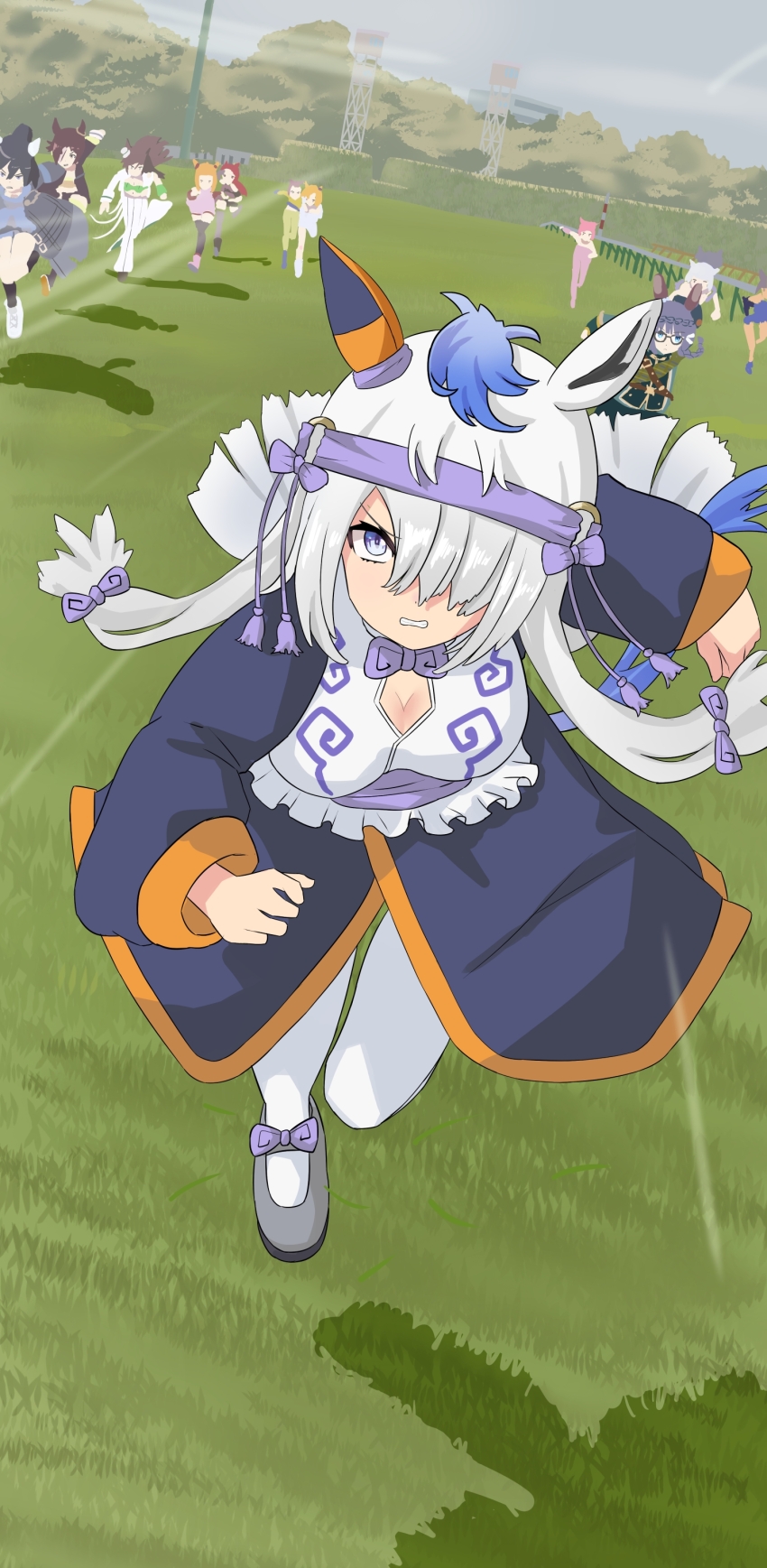 6+girls absurdres animal_ears black_hair blue_eyes bow bowtie braid brown_hair character_request clenched_teeth crossover day dutch_angle ear_covers floating_hair glasses grey_hair gyokuryu_(kemono_friends) hair_over_one_eye highres horse_ears horse_racing_track katsuragi_ace_(umamusume) kemono_friends kemono_friends_3 long_hair long_sleeves maindo_(mindrmindr) mr._c.b._(umamusume) multicolored_hair multiple_girls outdoors running shirt single_ear_cover skirt solo_focus teeth trait_connection two-tone_hair umamusume v-shaped_eyebrows very_long_hair vodka_(umamusume) zenno_rob_roy_(umamusume)