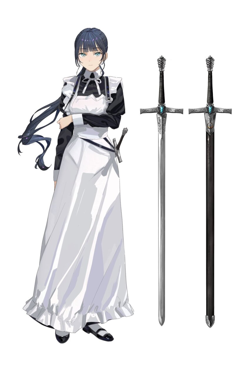 1girl apron black_dress black_hair black_ribbon black_shoes blue_eyes blue_hair blush breasts closed_mouth collared_dress cross dress frills full_body gloves headdress high_heels highres holding holding_weapon long_dress long_hair long_sleeves looking_at_viewer maid maid_apron maid_headdress neck_ribbon original ponytail puffy_sleeves ribbon sawatani_(_swt2) sheath sheathed shoes simple_background smile solo standing sword weapon white_apron white_background