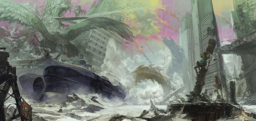 1boy 1girl absurdres amamiya_isa bird blonde_hair boots city explosion faux_traditional_media gloves gun highres jacket kachi leaning_back long_image monster official_art post-apocalypse ruins scenery short_hair shorts sin_and_punishment sin_and_punishment:star_successor sitting skirt suzuki_yasushi treasure_(developer) tsumi_to_batsu:_sora_no_koukeisha weapon wide_image