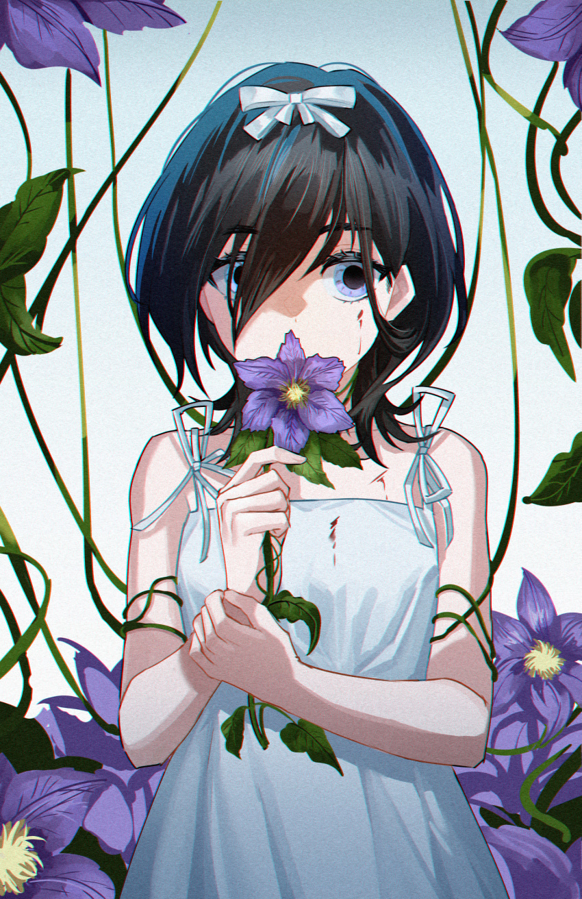 1girl absurdres alien_stage bare_shoulders birthday black_hair blood blood_on_face blue_eyes bow clematis_(flower) commentary_request covered_mouth dilated_pupils dress flower flower_over_mouth hair_bow highres holding holding_flower holding_own_wrist leaf looking_to_the_side official_alternate_costume plant purple_flower roa_(yelinan) sleeveless sleeveless_dress solo sua_(alien_stage) vines white_bow white_dress