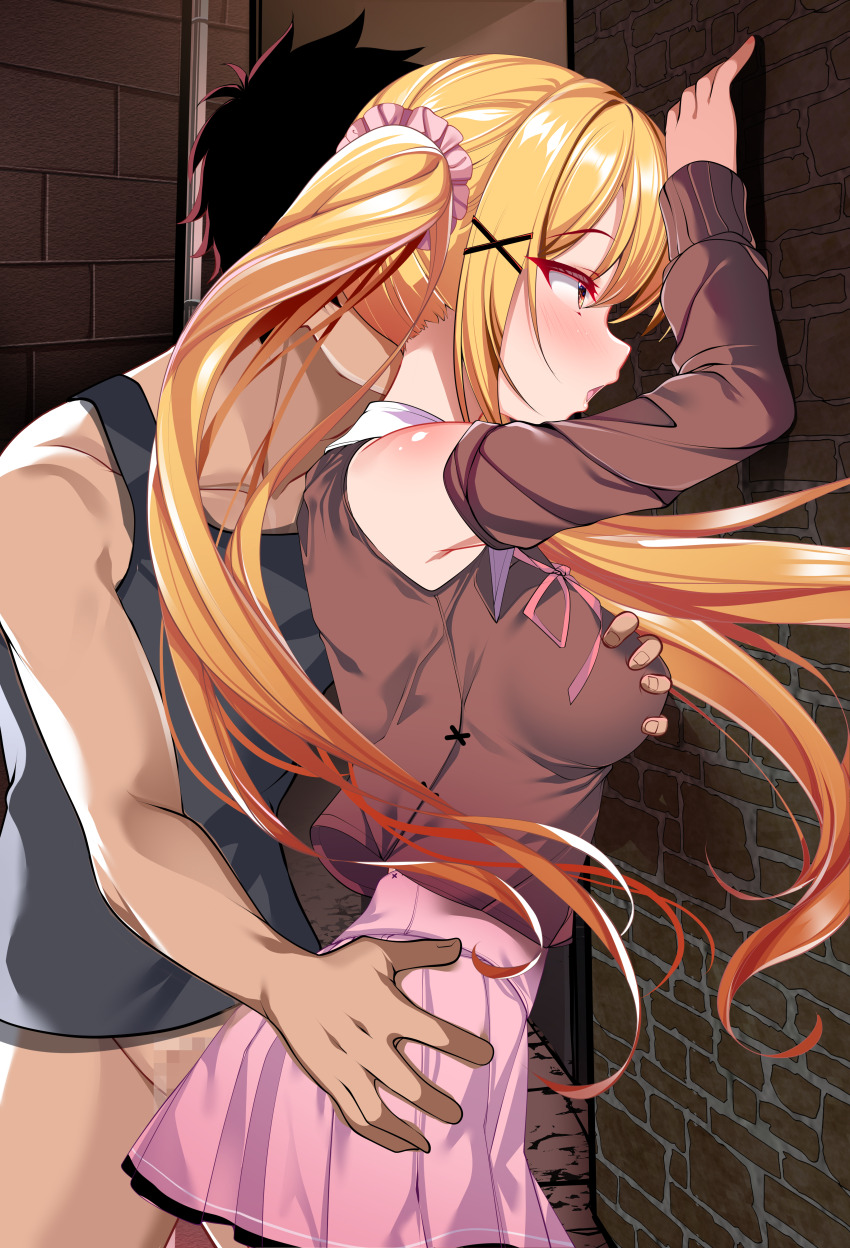 1boy 1girl absurdres against_wall black_hair blonde_hair blush bottomless breasts brown_shoes brown_sleeves censored commentary_request detached_sleeves from_side grabbing_another&#039;s_breast grey_tank_top groping hair_ornament hair_scrunchie hetero highres long_hair long_sleeves medium_breasts molestation mosaic_censoring origami_aya original pink_scrunchie pink_skirt scrunchie shirt shoes short_hair sidelocks skirt sleeveless sleeveless_shirt tank_top twintails x_hair_ornament