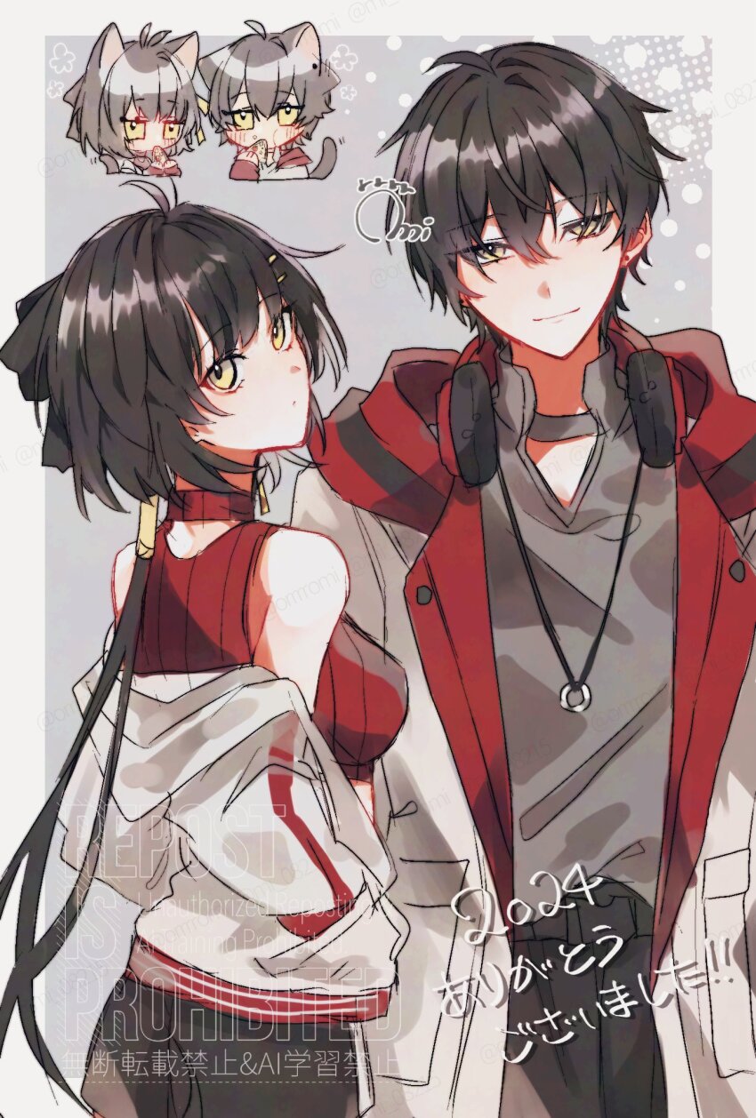 1boy 1girl animal_ears bare_shoulders black_bow black_hair bow crop_top dual_persona earrings eating fake_animal_ears female_rover_(wuthering_waves) food hair_bow hair_ribbon headphones headphones_around_neck highres hood hood_down hoodie jewelry long_hair looking_at_viewer low_ponytail male_rover_(wuthering_waves) mi_08215 multiple_views official_alternate_costume ponytail red_shirt ribbon rover_(wuthering_waves) shirt white_hair white_hoodie wuthering_waves yellow_eyes yellow_ribbon