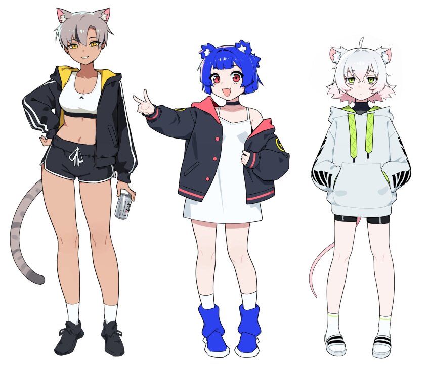 3girls ahoge animal_ear_fluff animal_ears asymmetrical_bangs beer_can bike_shorts black_footwear black_jacket black_shirt black_shorts blue_footwear blue_hair boots breasts can cat_ears cat_girl cat_tail choker cleavage closed_mouth commentary crossed_bangs dark-skinned_female dark_skin dolphin_shorts dress drink_can english_commentary expressionless fang flat_chest full_body green_eyes grey_hair grin gris_(vertigris) hand_on_own_hip hands_in_pockets highres holding holding_can hood hood_down hooded_jacket hoodie jacket kara_(vertigris) long_sleeves looking_at_viewer medium_breasts midriff mouse_ears mouse_girl mouse_tail multicolored_hair multiple_girls navel off_shoulder open_clothes open_jacket open_mouth original outstretched_arm perl_(vertigris) red_eyes sandals shirt shoes short_hair short_shorts shorts sleeveless sleeveless_dress small_breasts smile sneakers socks sports_bra standing streaked_hair tail v vertigris white_dress white_hair white_hoodie white_socks yellow_eyes