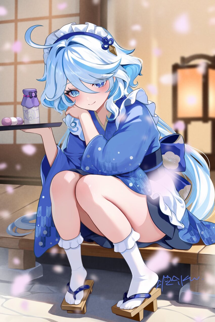 1girl ahoge alternate_costume black_sash blue_eyes blue_hair blue_kimono blue_pupils blush closed_mouth dango dango_milk_(genshin_impact) drop-shaped_pupils food frilled_hairband frills furina_(genshin_impact) genshin_impact geta hair_between_eyes hairband hashtag-only_commentary heterochromia highres holding holding_tray indoors japanese_clothes kimono long_hair long_sleeves looking_at_viewer multicolored_hair obi rrr_gns_(riuriu_1212) sash sitting smile solo streaked_hair symbol-shaped_pupils tray very_long_hair wagashi white_hair