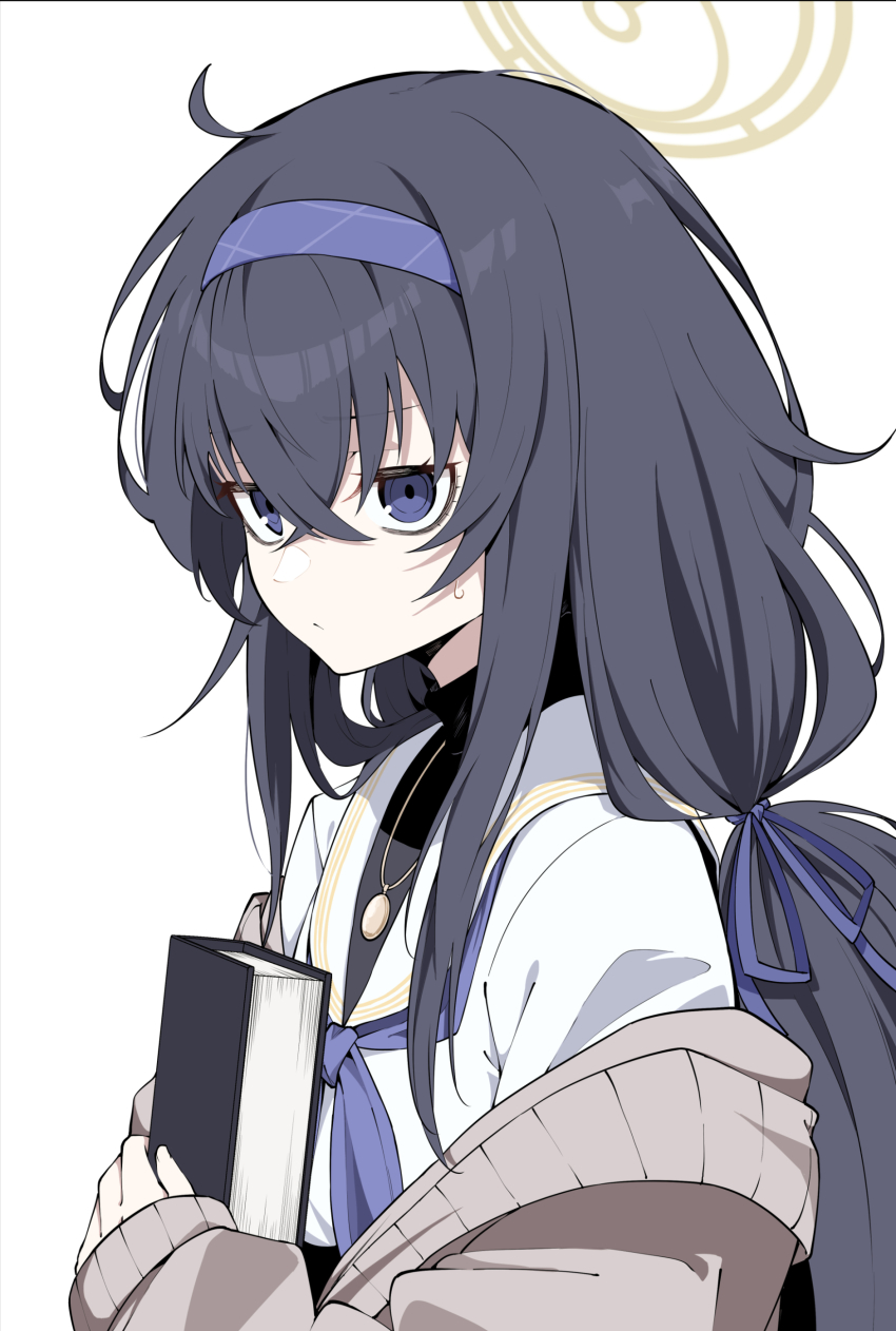 1girl absurdres bags_under_eyes black_hair black_shirt blue_archive blue_eyes book hugging_book cardigan closed_mouth crossed_bangs hair_between_eyes hair_ribbon hairband halo highres holding holding_book jewelry long_hair long_sleeves looking_at_viewer low_twintails necklace hugging_object off_shoulder ribbon shirt simple_background sleeves_past_wrists solo sweatdrop tsukamoto_minori turtleneck twintails ui_(blue_archive) upper_body white_background white_shirt