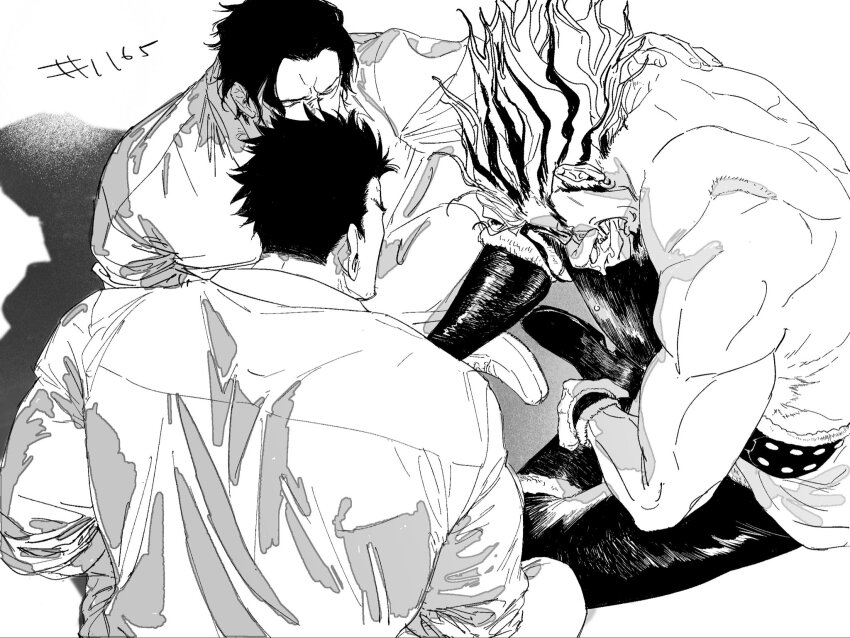 armlet belt black_hair crying dot_6969696 earrings facial_hair gol_d._roger highres jewelry monkey_d._garp multicolored_hair muscular muscular_male one_piece rocks_d._xebec shirt topless_male