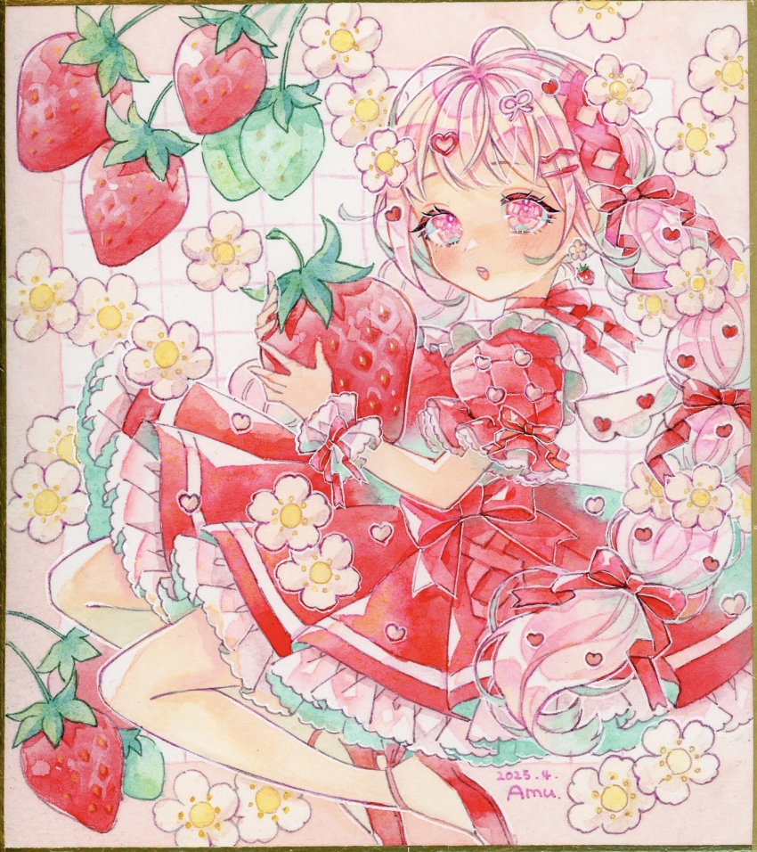 1girl amu_(m_aa) braid choker commentary_request dated dress flower food fruit hair_ornament hair_ribbon heart heart_hair_ornament highres holding holding_food holding_fruit long_hair open_mouth original painting_(medium) petticoat pink_eyes pink_hair puffy_short_sleeves puffy_sleeves red_choker red_dress red_ribbon red_shoes ribbon ribbon_choker shoes short_sleeves signature solo strawberry tareme traditional_media twin_braids watercolor_(medium) white_flower wrist_cuffs