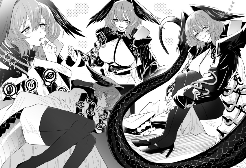 1girl :d :q arknights breasts coat dress feet_out_of_frame fingerless_gloves full_body gloves greyscale hand_to_own_mouth hand_up hands_up head_wings heart high_heels ho&#039;olheyak_(arknights) iwashi_80 knees_up long_sleeves looking_at_viewer lying medium_hair monochrome multiple_views on_side open_mouth pantyhose simple_background sitting smile snake_tail tail tongue tongue_out white_background wings