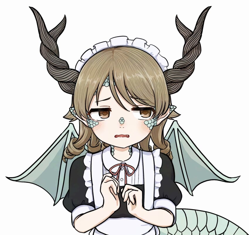 1girl averting_eyes black_dress blush dragon_girl dragon_horns dragon_tail dragon_wings dress fang grey_eyes grey_hair highres horns idolmaster idolmaster_cinderella_girls looking_to_the_side maid maid_headdress monsterification morikubo_nono open_mouth ringlets scales solo swirupa tail upper_body wavy_mouth wings