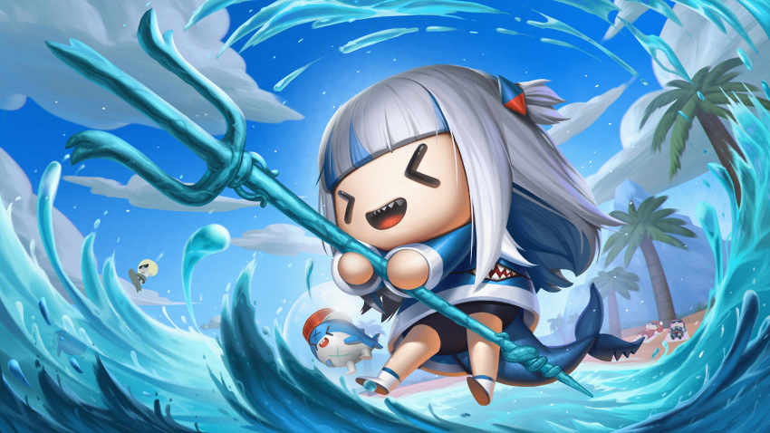 &gt;_&lt; 3d 4girls :d beach bike_shorts bloop_(gawr_gura) blue_hair blue_hoodie blunt_bangs chibi chibi_only closed_eyes commentary english_commentary fins fish_tail gawr_gura gawr_gura_(1st_costume) grey_hair highres holding holding_polearm holding_weapon hololive hololive_english holomyth hood hoodie klon long_hair long_sleeves mori_calliope multicolored_hair multiple_girls no_pants ocean open_mouth polearm shark_girl shark_tail sharp_teeth shoes sleeves_past_wrists smile smol_ame smol_calli smol_gura smol_kiara sneakers solo_focus streaked_hair tail takanashi_kiara teeth trident two_side_up virtual_youtuber walfie_(style) watson_amelia weapon white_footwear xd