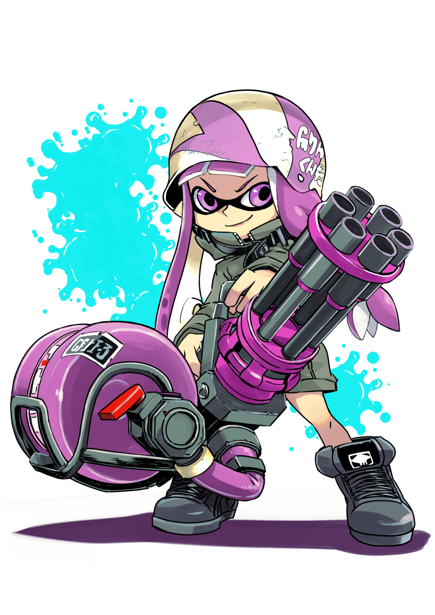 1girl absurdres black_boots boots gatling_gun green_jacket gun heavy_splatling_(splatoon) helmet highres holding holding_gun holding_weapon inkling inkling_girl inkling_player_character jacket long_hair long_sleeves looking_to_the_side machine_gun muramasa_mikado nintendo paint_splatter pointy_ears purple_eyes purple_hair purple_helmet smile splatoon_(series) splatter squid_girl standing suction_cups tentacle_hair weapon white_background