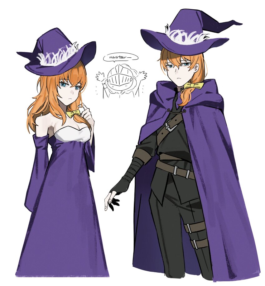 1girl 2boys asdf1211950 black_jacket black_pants black_souls blue_eyes breasts cape cleavage closed_mouth cowboy_shot dorothy_(black_souls) dress genderswap genderswap_(ftm) grimm_(black_souls) hat highres jacket long_hair looking_at_viewer low-tied_sidelocks low_ponytail medium_breasts multiple_boys off-shoulder_dress off_shoulder orange_hair pants ponytail purple_cape purple_dress purple_hat sidelocks simple_background white_background witch_hat