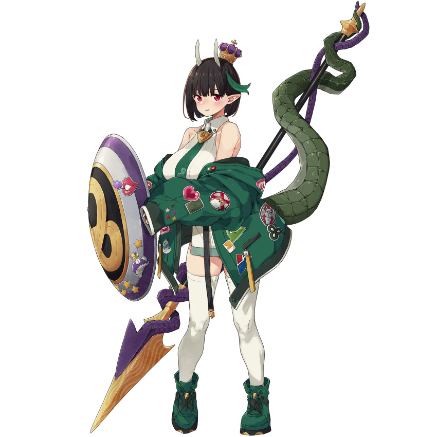 1girl bare_shoulders biscione_(fate) biscione_(second_ascension)_(fate) black_hair blush breasts crown dragon_girl dragon_horns dragon_tail dress fate/grand_order fate_(series) full_body game_cg green_hair green_jacket green_shoes grin highres holding holding_polearm holding_shield holding_weapon horns imigimuru jacket large_breasts long_sleeves looking_at_viewer mini_crown multicolored_hair necktie off_shoulder official_art open_clothes outline pointy_ears polearm red_eyes shield shoes short_dress short_hair sleeveless sleeves_past_wrists smile solo standing sticker streaked_hair tachi-e tail thighhighs third-party_source transparent_background weapon white_horns white_outline white_thighhighs