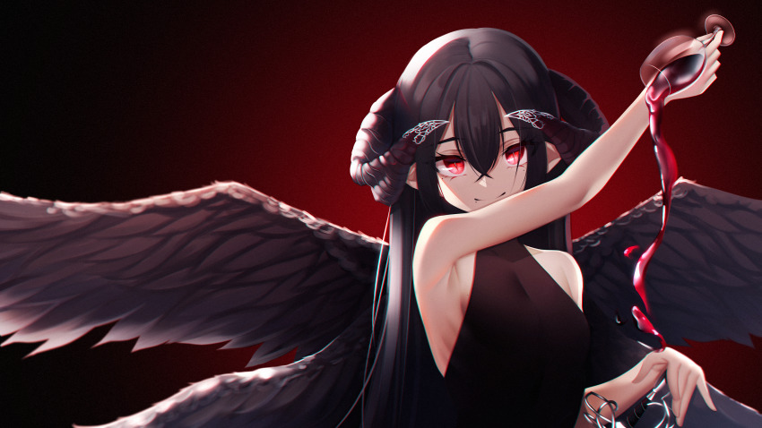 1girl absurdres alcohol arm_up black_background black_dress black_hair black_wings breasts closed_mouth collarbone commentary cup curled_horns demon_girl demon_horns demon_wings dress drinking_glass feathered_wings female_focus gradient_background hair_between_eyes highres holding holding_cup horns huge_filesize long_hair looking_at_viewer medium_breasts multiple_wings original pouring red_background red_eyes sleeveless sleeveless_dress smile solo symbol-only_commentary the_cold upper_body very_long_hair wine wine_glass wings