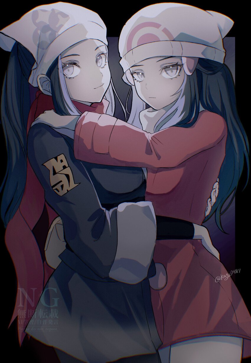 2girls absurdres akari_(pokemon) beanie black_hair black_sash blue_eyes blue_hair closed_mouth coat creatures_(company) dawn_(pokemon) eyelashes galaxy_expedition_team_survey_corps_uniform game_freak grey_eyes hair_ornament hairclip hat headscarf highres holding jacket kagi0487_(weiss_9610) long_hair looking_at_viewer multiple_girls nintendo pantyhose pokemon pokemon_dppt pokemon_legends:_arceus pokemon_platinum ponytail red_coat red_scarf sash scarf sidelocks white_hat white_headscarf