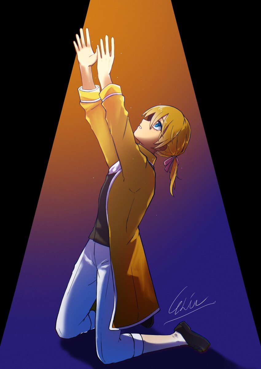 1boy allen_avadonia arms_up ascot black_shoes blonde_hair blue_eyes brown_vest coat collared_coat collared_jacket elie_dayo evillious_nendaiki from_side hair_ribbon hands_up highres jacket kagamine_len kneeling medium_hair panties ponytail profile re_birthday_(vocaloid) reaching ribbon shoes short_ponytail signature socks solo underwear vest vocaloid white_panties white_socks yellow_coat yellow_jacket