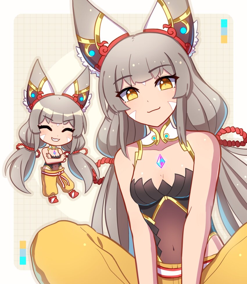 absurdres animal_ears cat_ears cat_girl chibi core_crystal_(xenoblade) enni grey_hair highres low_twintails nia_(blade)_(xenoblade) nia_(xenoblade) twintails xenoblade_chronicles_(series) xenoblade_chronicles_2