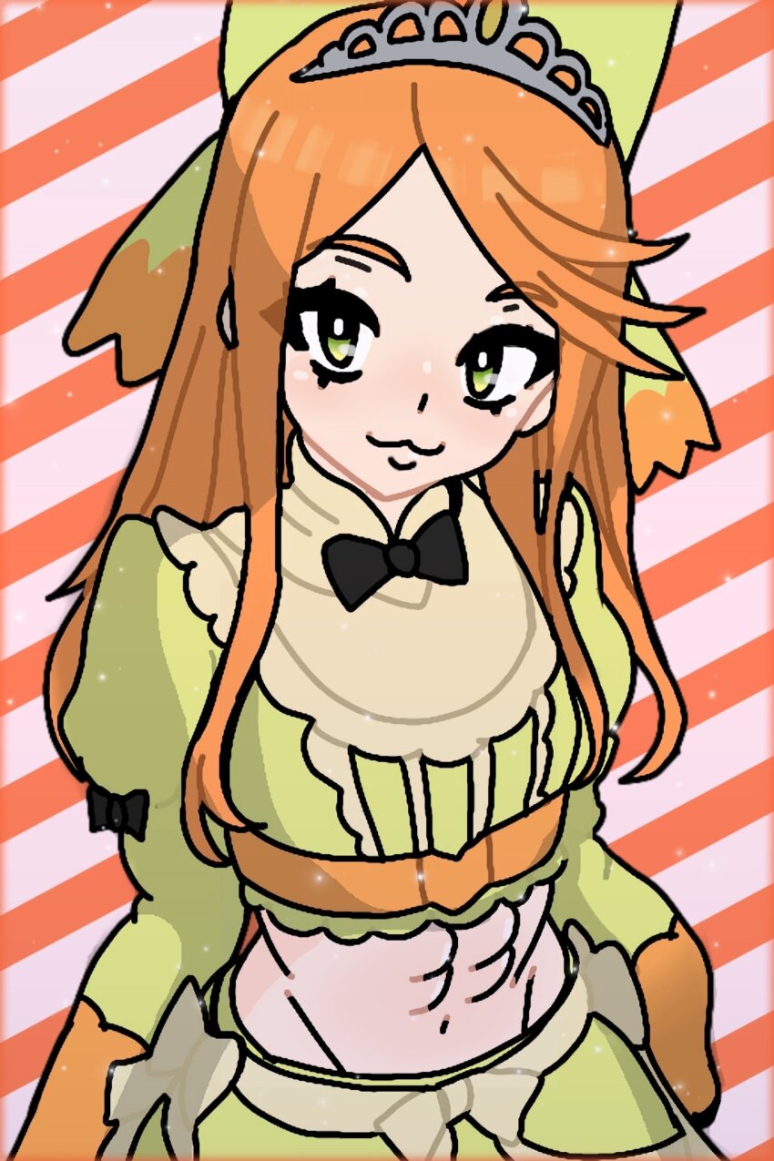 1girl black_bow black_bowtie bow bowtie crop_top etie_(fire_emblem) fire_emblem fire_emblem_engage green_bow green_eyes green_shirt green_skirt hair_bow highres long_hair looking_at_viewer nintendo orange_hair shirt skirt solo swept_bangs thanatoschanvt tiara