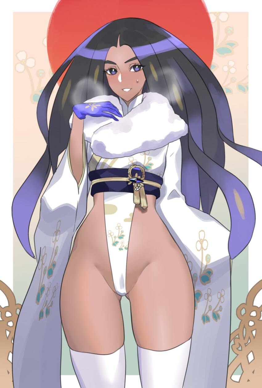 1girl black_hair cowboy_shot dark-skinned_female dark_skin geeta_(pokemon) highres japanese_clothes kimono leotard long_hair nintendo pokemon pokemon_sv solo thighhighs ukimukai white_kimono white_leotard white_thighhighs