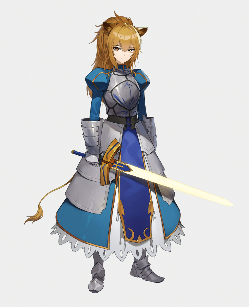 1girl absurdres animal_ear_fluff animal_ears arknights armor armored_dress artoria_pendragon_(fate) blue_dress brown_hair commentary cosplay dress excalibur_(fate/stay_night) fate/stay_night fate_(series) full_body highres holding holding_sword holding_weapon jason_kim juliet_sleeves kawasumi_ayako lion_ears lion_girl lion_tail long_sleeves looking_at_viewer plate_armor ponytail puffy_sleeves saber_(fate) saber_(fate)_(cosplay) sidelocks siege_(arknights) simple_background solo sword tail weapon white_background